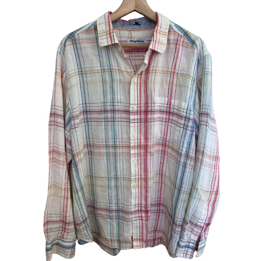 Tommy Bahama Linen Button Up Shirt Large White Plaid Long Sleeve Coastal Cruise